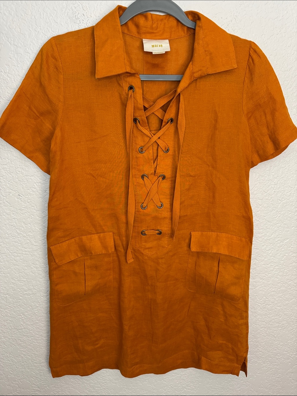 Anthropologie Maeve Tangerine Linen Lace Up Shift Mini Dress Size 0P - Picture 2 of 6